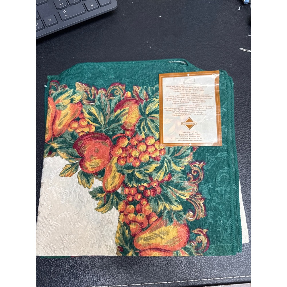 Vintage 1999 Fashion Industries Green Damask Harvest Fruit Cloth Napkins Set